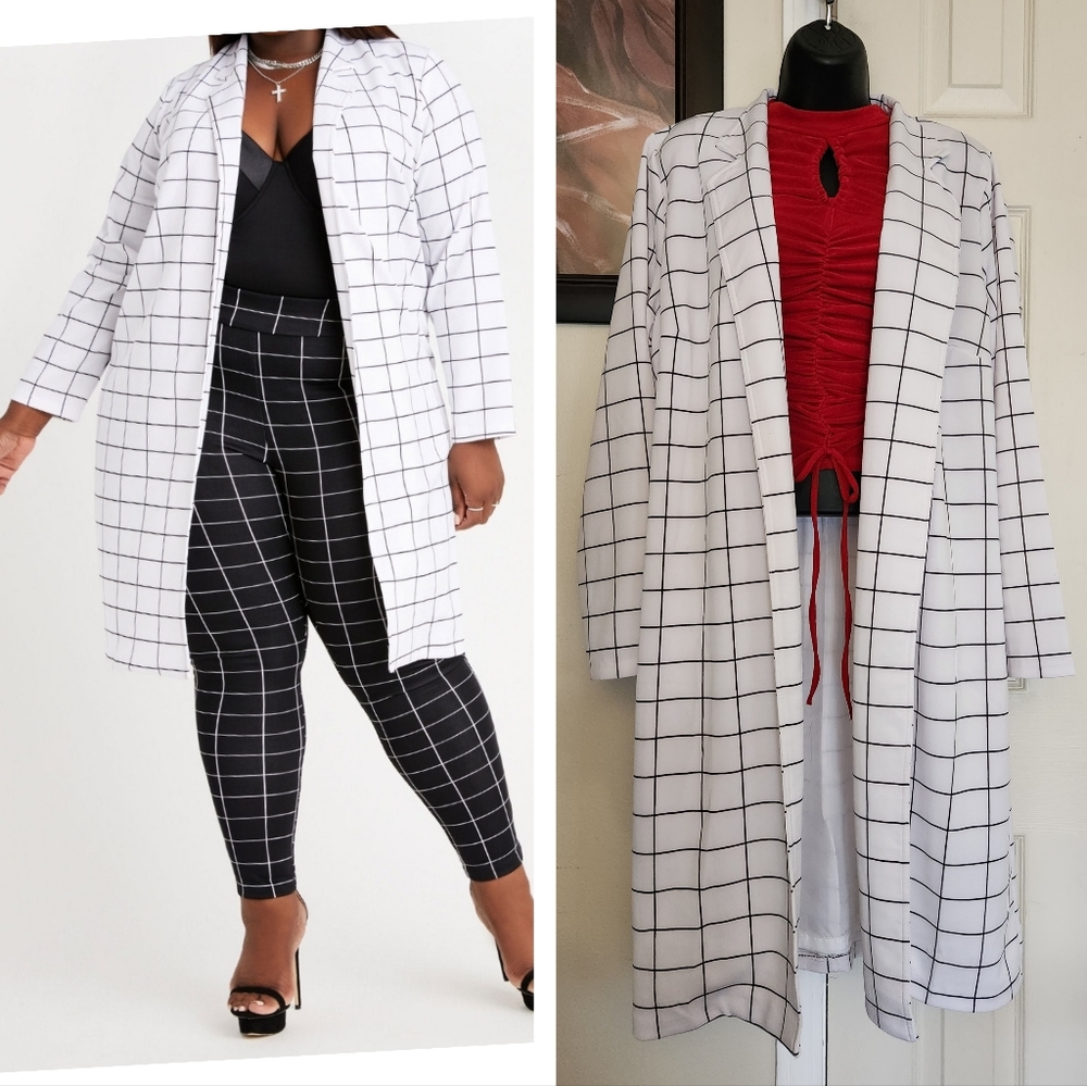 Ashley Stewart Window Pane Open Front Lightweight Plus Size Blazer
